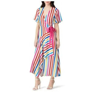 Color Me Courtney Taira Midi Wrap Dress Size Small Rainbow Stripe Vacation